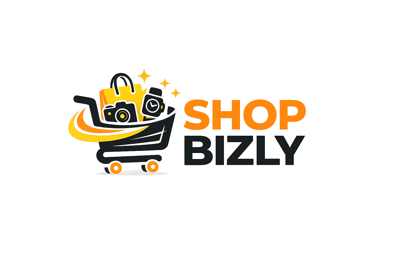 SHOP BIZLY modern eCommerce affiliate logo featuring a shopping cart with gadget icons, bold black and orange typography, glowing effects, and a clean tech-inspired design for a product review website.