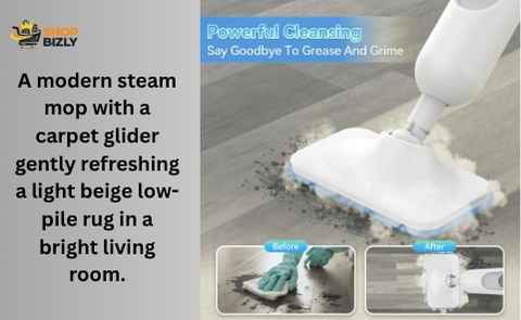 Steam mop for carpet with a carpet glider refreshing a low-pile rug]