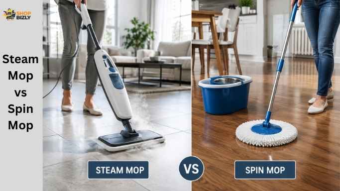 Steam Mop vs Spin Mop for hardwood floors and tile comparison with side-by-side cleaning performance.