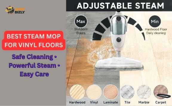 Steam mop cleaning luxury vinyl plank floor with microfiber pad