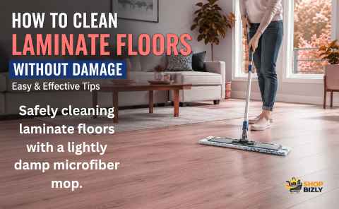 Safely cleaning laminate floors with a lightly damp microfiber mop.

