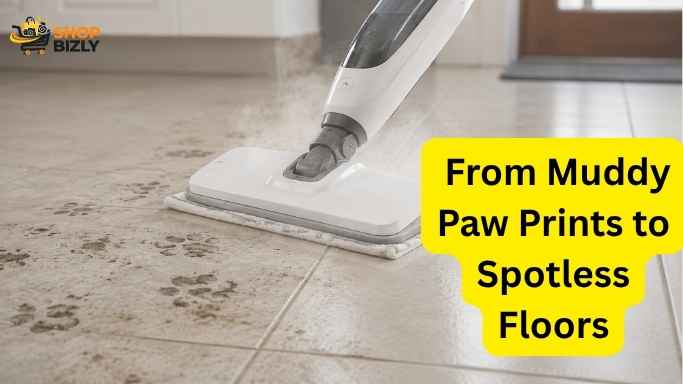 Steam mop cleaning pet paw prints from tile floor