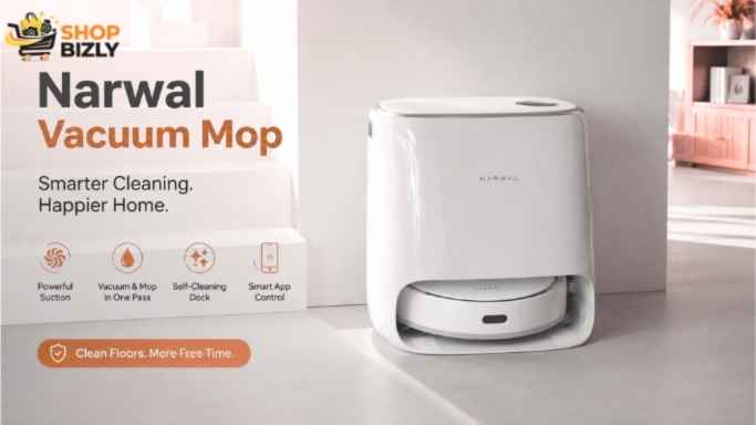 Narwal vacuum mop cleaning wet and dry messes on a modern hard floor