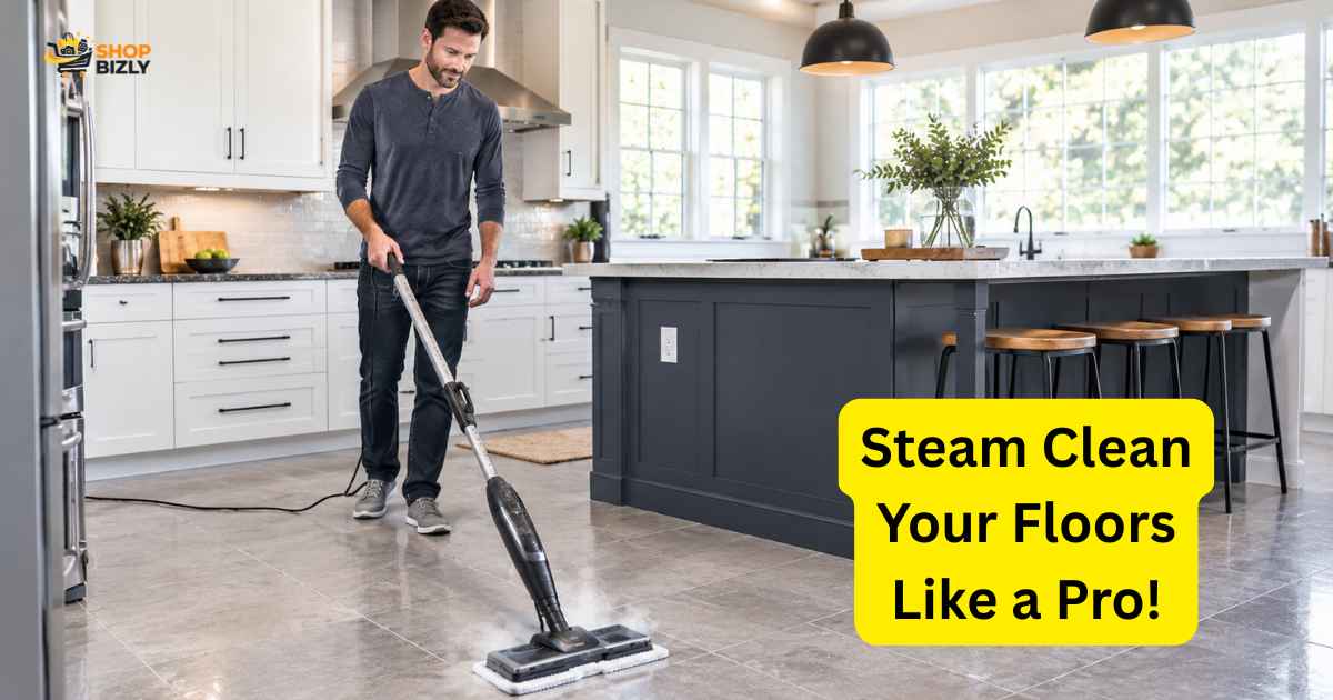Best steam mop for tile floors being used in a modern American kitchen