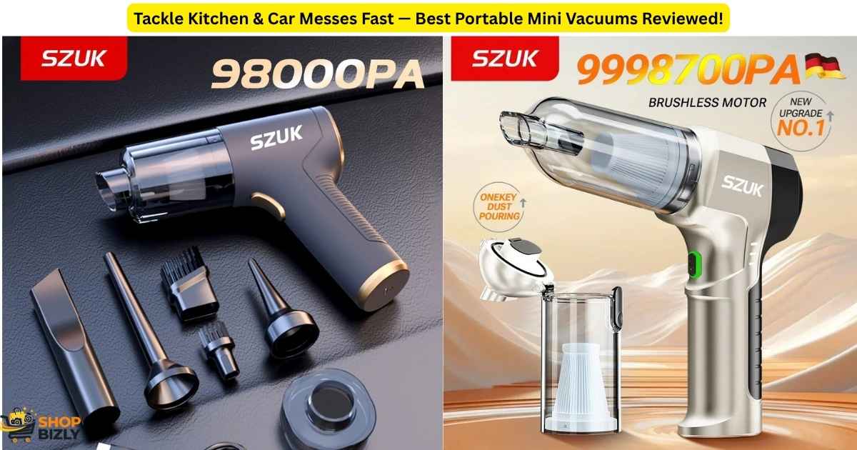 SZUK C017MAX and CENRR mini handheld cordless vacuums side by side cleaning coffee grounds and car interior debris.