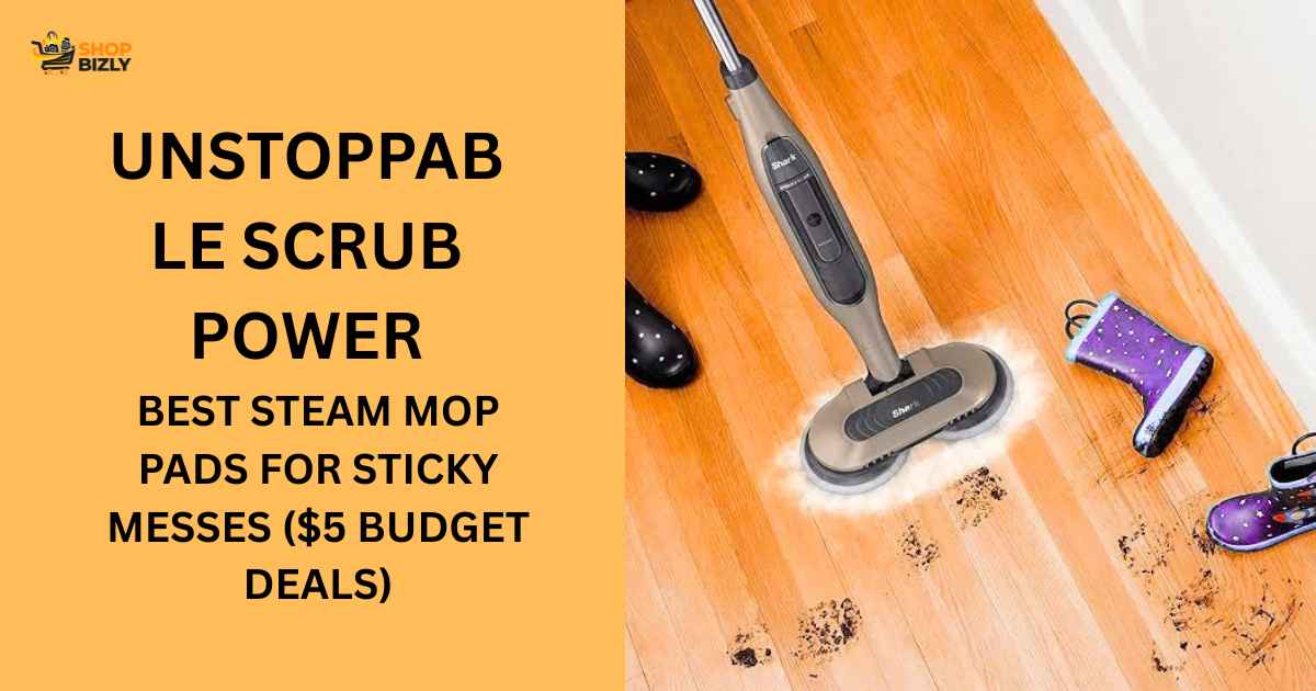Steam mop equipped with a heavy-duty scrubbing pad cleaning tough sticky kitchen spills on tile floor.